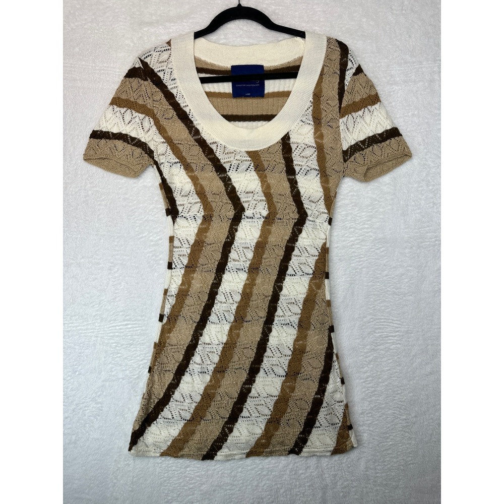 Absolutely Knit Top Women Large Brown Cream Striped Metallic Chevron Top